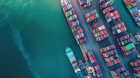Aerial city harbor with docked container ships and large cargo operations, essential logistics industryの素材