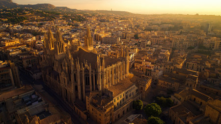 Aerial city view from the top of Palma Cathedral, highlighting the contrast between historic and contemporary Mallorca.の素材