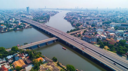 Aerial view of a massive highway junction in Bangkok, Thailand, highlighting transportation networks and urban mobility.の素材