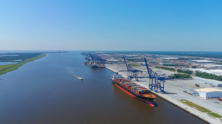Aerial panoramic view of a major seaport, container ships docked while cranes handle freight logisticsの素材