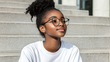 African girl in a white T-shirt and glasses, sitting casually on modern city steps, urban summer atmosphereの素材