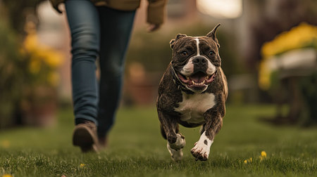 American Bulldog with a brindle coat playfully jumping up toward its owner on a green lawn.の素材
