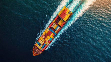 Aerial drone shot of a cargo transport ship navigating busy shipping lanes, worldwide export businessの素材