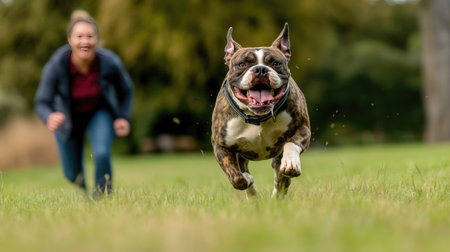 American Bulldog with a striking brindle coat running through a grassy field, its owner following closely behind.の素材