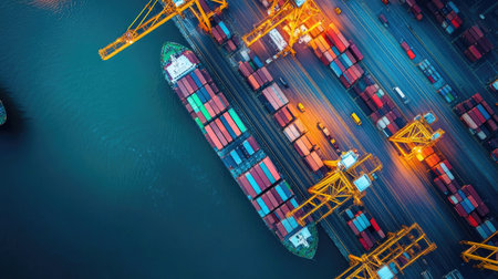 Aerial freight shipping hub with multiple cargo ships, cranes handling import and export logisticsの素材