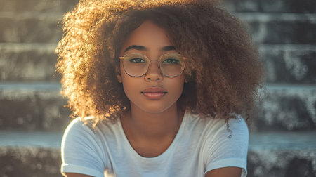 African girl with curly hair, wearing glasses and a white T-shirt, sitting on stone steps, enjoying a summer afternoonの素材
