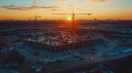 Aerial drone shot of a large-scale construction project at sunset, cranes and mechanical tools in motionの素材