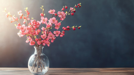 Artificial red plum blossoms in a glass vase on a wooden table, modern interior decor with warm, inviting ambianceの素材