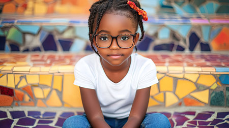 African girl sitting on colorful mosaic steps, wearing glasses and a white T-shirt, creative summer backdropの素材