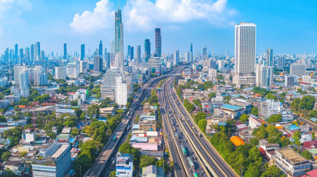 Aerial view of a massive highway junction in Bangkok, Thailand, highlighting transportation networks and urban mobility.の素材