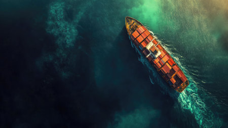 Aerial top view of a massive container cargo ship sailing through deep blue waters, global freight transportation in actionの素材