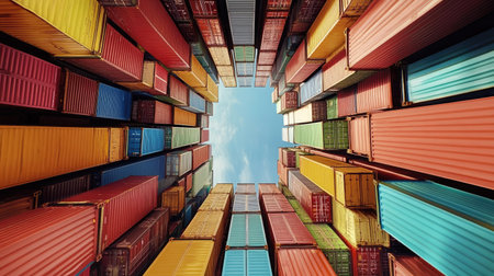 Aerial top-down perspective of a container ship sailing, vibrant cargo containers neatly stacked on deckの素材