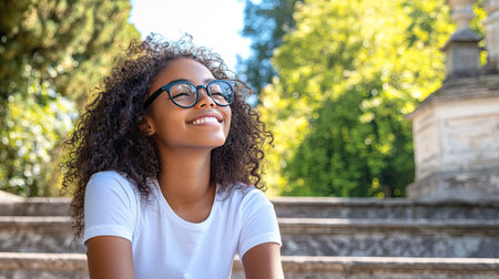 African girl with curly hair, wearing glasses and a white T-shirt, sitting on stone steps, enjoying a summer afternoonの素材