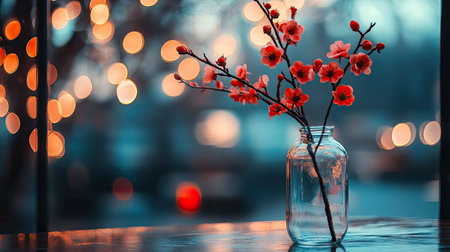 Aesthetic composition of red artificial plum blossoms in a glass vase, artistic home decoration with soft lightingの素材