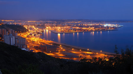 Aerial night view of a busy port, illuminated cargo ships and shipping containers in transitの素材