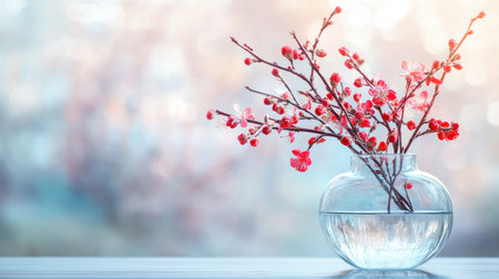 Artificial red plum blossoms in a sleek glass vase, modern table decor with a blurred background and copy spaceの素材