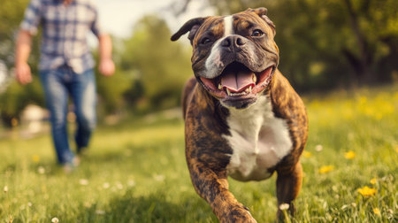 American Bulldog with a striking brindle coat running through a grassy field, its owner following closely behind.の素材