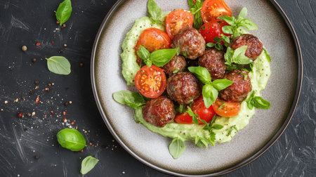 Minimalist layout of juicy meatballs with sliced tomato salad and avocado cream, modern and fresh food concept shot from aboveの素材