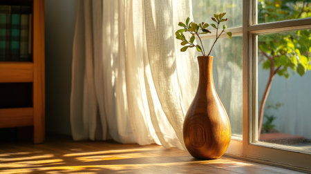 A wooden vase sits elegantly by the window, with a white see-through curtain flowing gently as sunlight streams in.の素材
