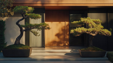 Minimalist home entrance with sleek wood front door and matching bonsai-style trees in large potsの素材