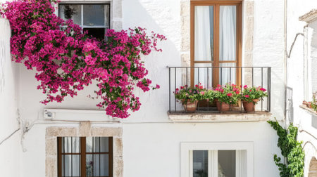 Minimalist summer balcony with white walls and bougainvillea spilling from a hanging planterの素材