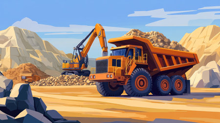Mining truck parked at a quarry, waiting to be loaded with soil by an industrial excavator, with piles of rock in the background.の素材