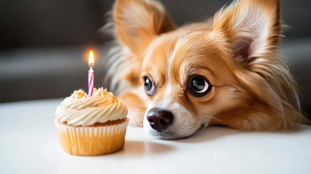 Adorable fluffy dog with perked ears staring curiously at a birthday cupcake with a candle. Cozy home celebration setting.の素材