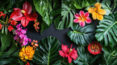 Mix of exotic flowers in a tropical garden with rich, bold colors and lush foliageの素材