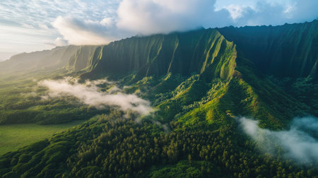 Misty rainforest ridges with layers of cloud hugging the mountain slopes at dawnの素材