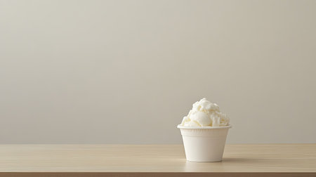 Minimal food scene with coconut ice cream on wood table, clean background and copy space for ad or menuの素材
