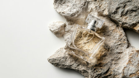 Modern aesthetic perfume packaging, transparent fragrance bottle on rough rock texture, white background eleganceの素材