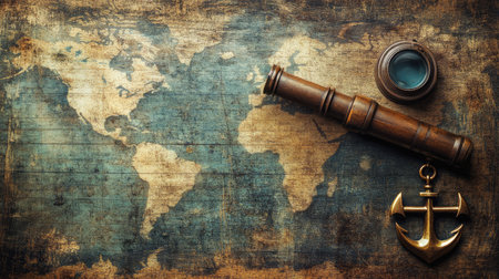 A rustic travel scene with an aged globe, vintage telescope, and nautical anchor placed on an antique world map, grunge texture overlayの素材