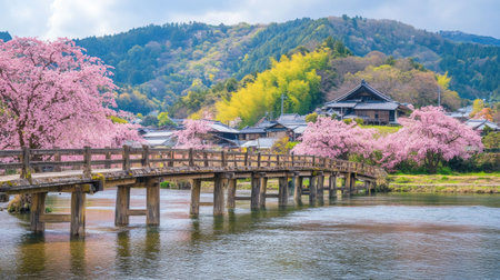 A rustic wooden bridge spanning the Funakawa River, surrounded by blooming cherry trees in mid-April.の素材