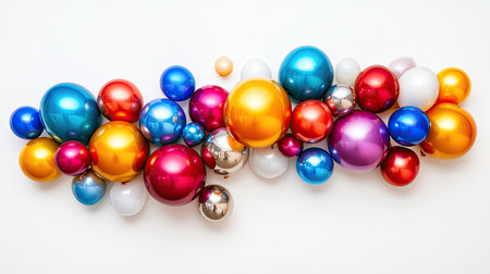 Air-filled and helium balloons in different sizes and colors floating on a clean white background, festive conceptの素材