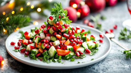A plate of Olivier salad shaped into a festive Christmas tree design, decorated with pomegranate seeds and fresh parsley.の素材