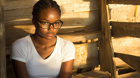 African girl sitting on rustic wooden steps, wearing glasses and a white T-shirt, soft golden sunlight filtering throughの素材