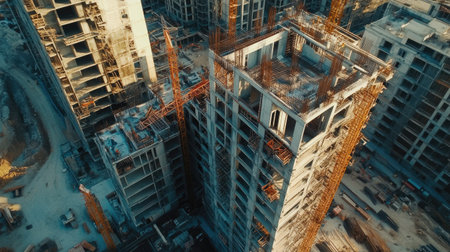Aerial shot of under-construction residential complex, concrete block structures in different stages of developmentの素材