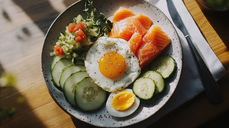 A stylish keto diet breakfast featuring salmon, avocado slices, eggs, and cucumbers, plated on a modern ceramic dish.の素材