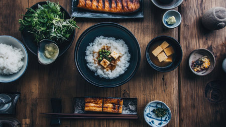 A traditional Japanese home-cooked meal featuring miso soup with silken tofu, rice, and grilled fish on a rustic wooden table.の素材