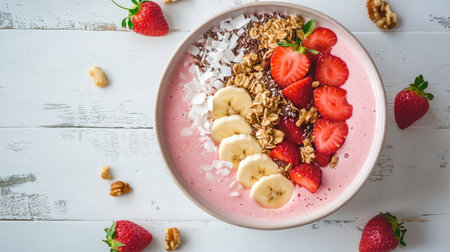 A visually appealing smoothie bowl with blended strawberries and bananas, topped with granola, coconut, and nuts on a white wooden background.の素材