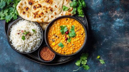 A top-down flat lay of a comforting meal with red lentil soup, coconut milk, golden curry, basmati rice, and warm naan, arranged on a deep blue background.の素材