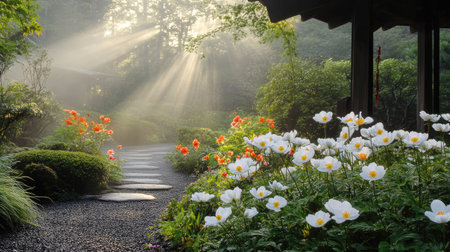 A tranquil morning in a garden filled with blooming Japanese anemones, with soft mist lingering in the air.の素材