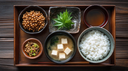 A traditional Japanese breakfast featuring miso soup, tofu, natto, and rice, beautifully arranged on a lacquer tray.の素材