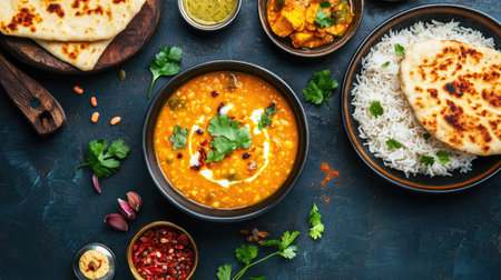 A top-down composition featuring red lentil soup with golden curry, basmati rice in a bowl, and naan bread on a dark blue textured background.の素材