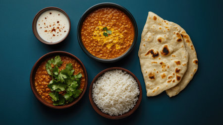 A top-down flat lay of a comforting meal with red lentil soup, coconut milk, golden curry, basmati rice, and warm naan, arranged on a deep blue background.の素材