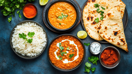 A top-down flat lay of a comforting meal with red lentil soup, coconut milk, golden curry, basmati rice, and warm naan, arranged on a deep blue background.の素材