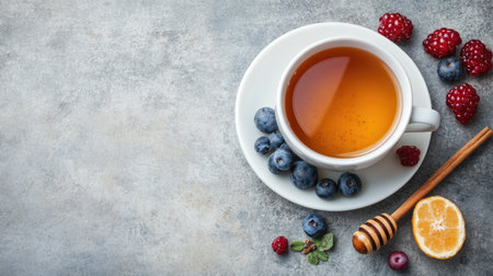 A warming cup of sea buckthorn tea with honey, cinnamon, and fresh berries, placed elegantly on a textured stone background.の素材