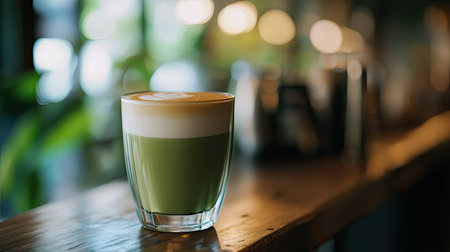 A transparent glass of matcha latte, freshly made with plant-based milk and vibrant green tea, set on a wooden surface.の素材