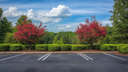 A tranquil suburban parking area with flowering trees and neatly trimmed green hedges.の素材