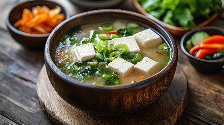 A warm, inviting bowl of miso soup with silken tofu, served in a wooden bowl with a small dish of pickled vegetables on the side.の素材